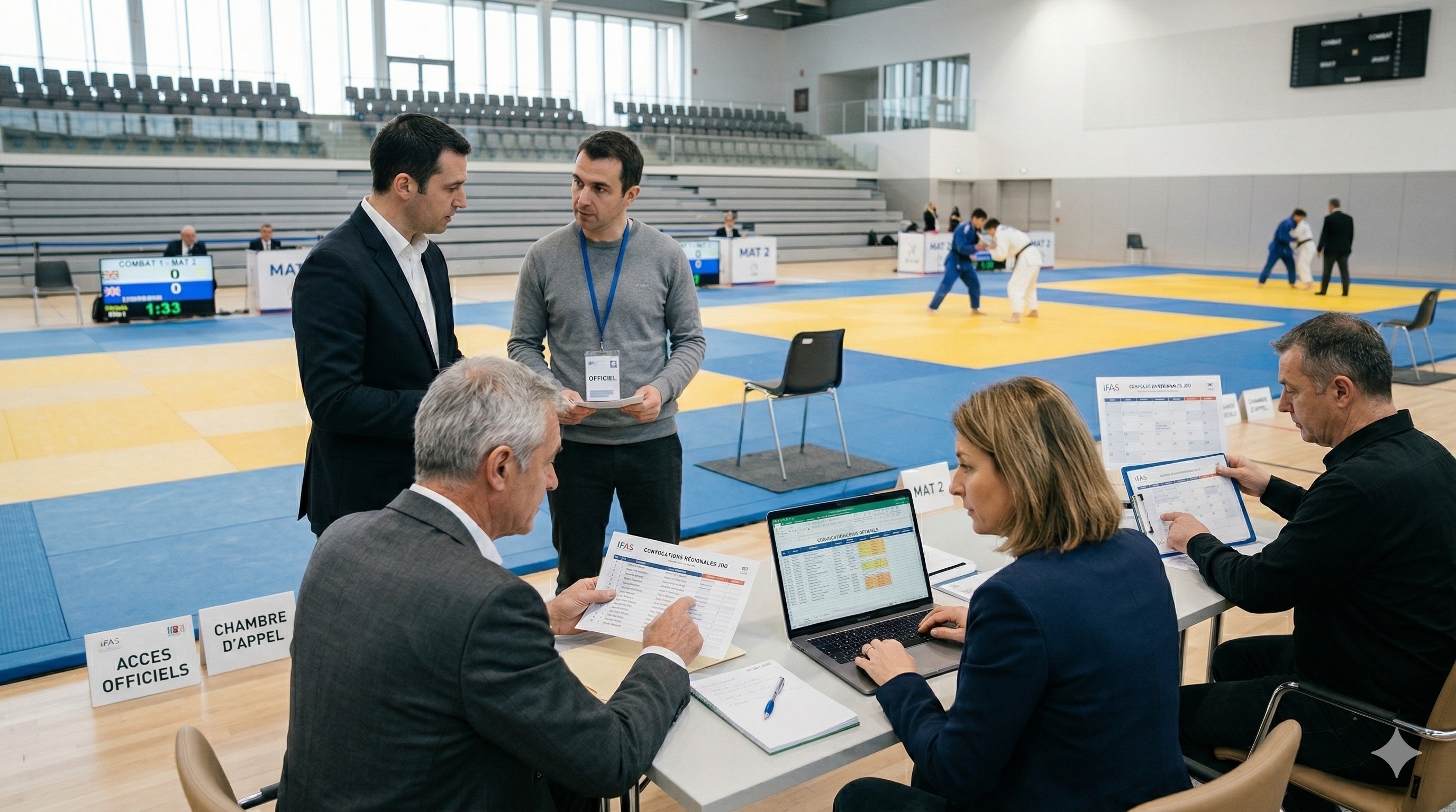 Compétition régionale de judo avec officiels et organisateurs